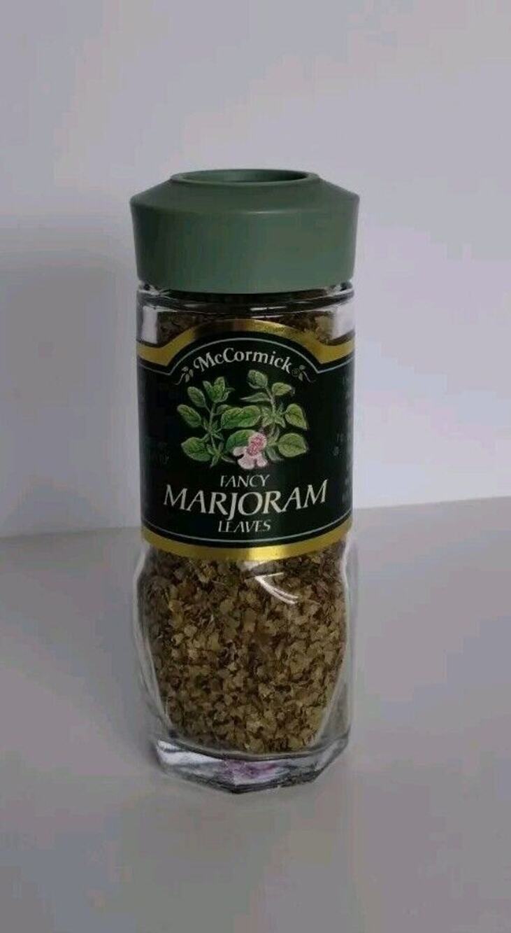 Vintage McCormick Spice Marjoram Leaves Glass Jar Green Lid .25 oz - Expired